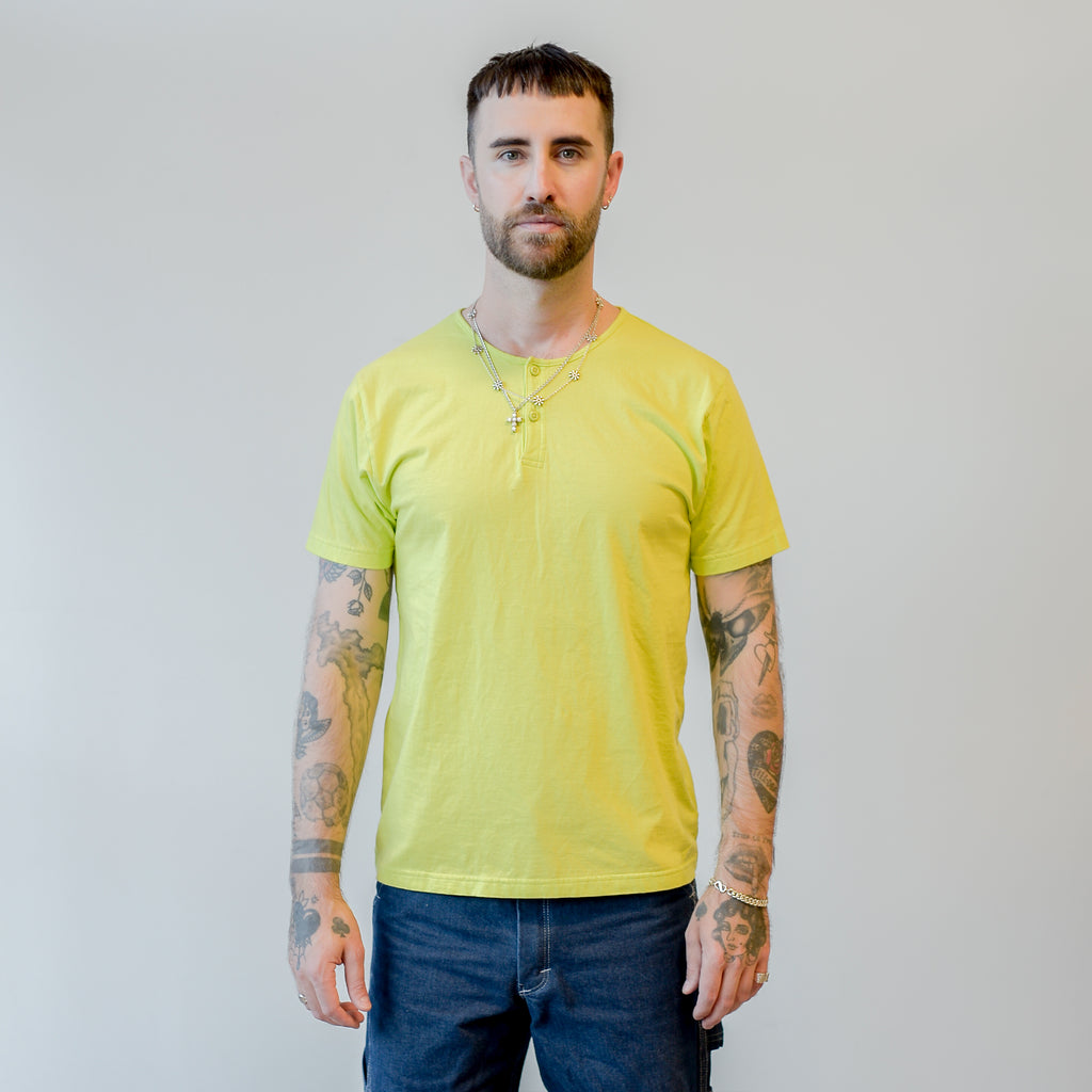 Homespun Knitwear Great Plains Tee Combed Cotton Jersey Acid Lime model front