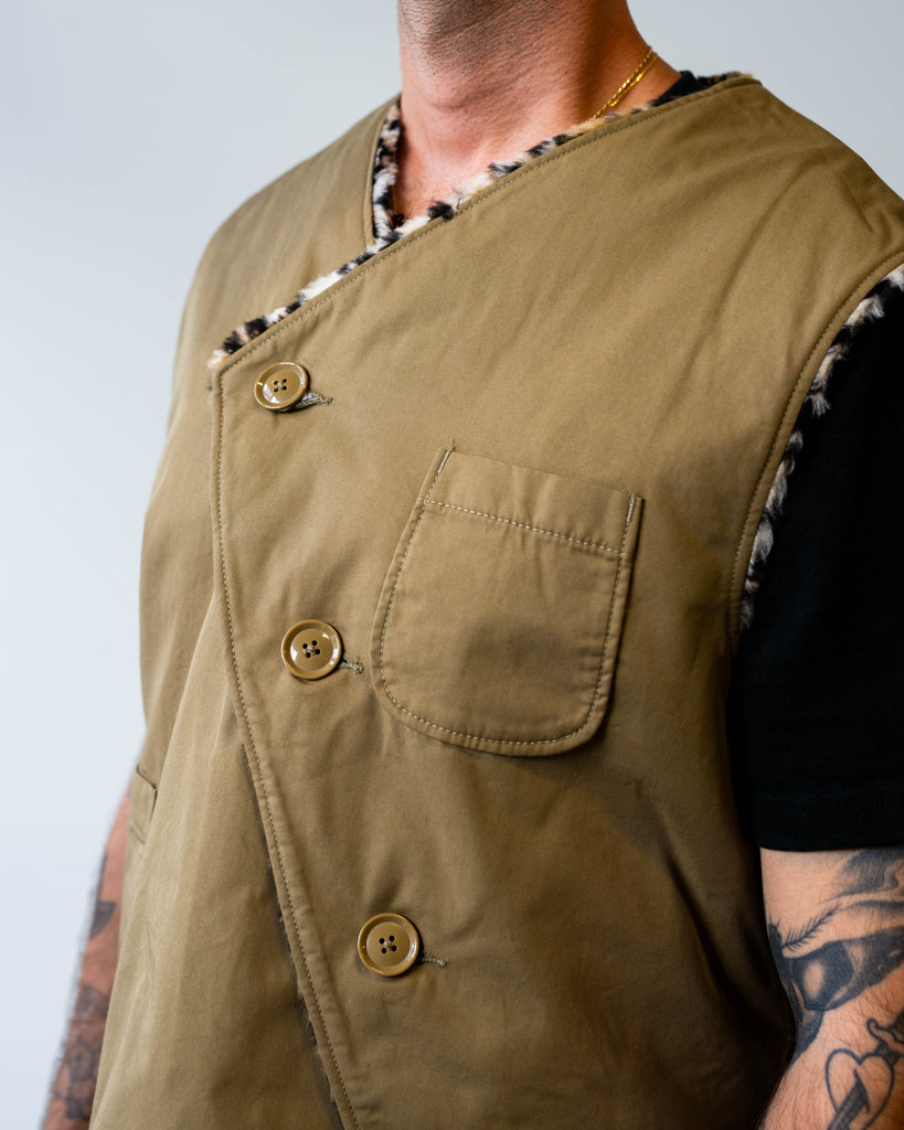 Engineered Garments Over Vest Khaki Nyco Twill on model closeup