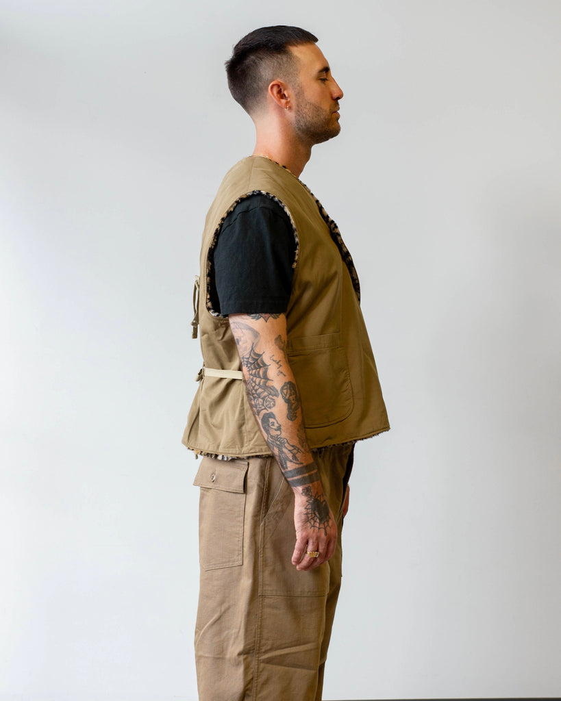 Engineered Garments Over Vest Khaki Nyco Twill on model side profile