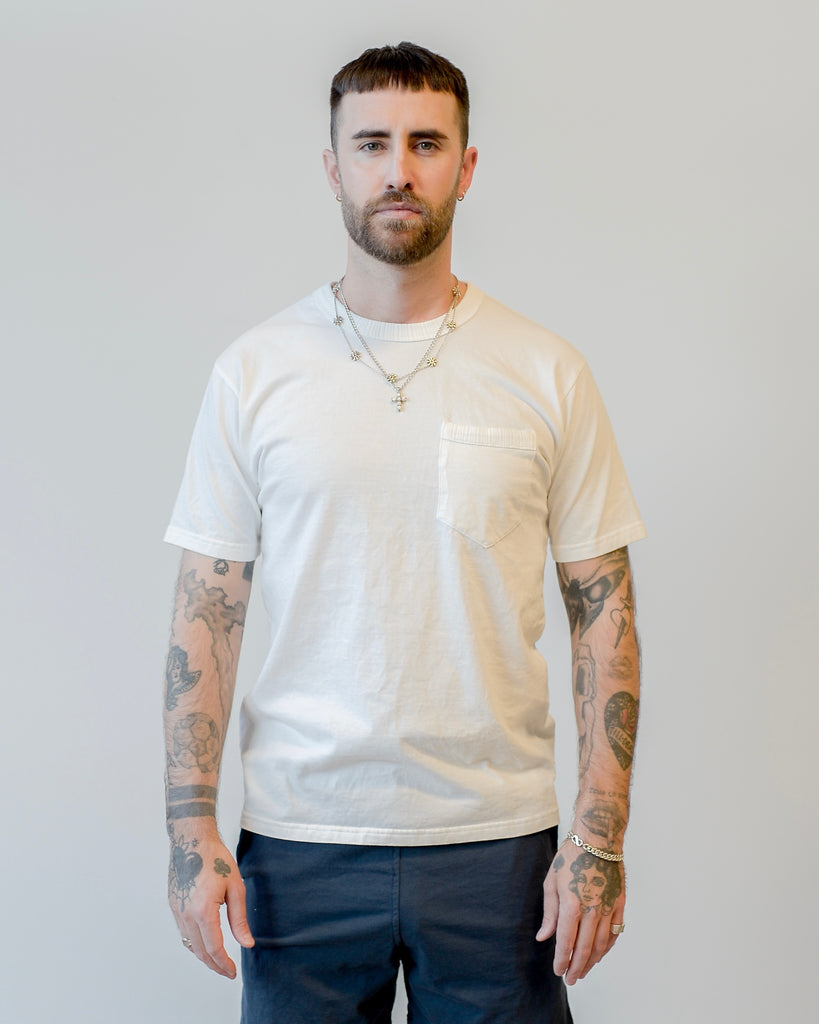 National Athletic Goods Rib Pocket Tee Combed Cotton Jersey White on model