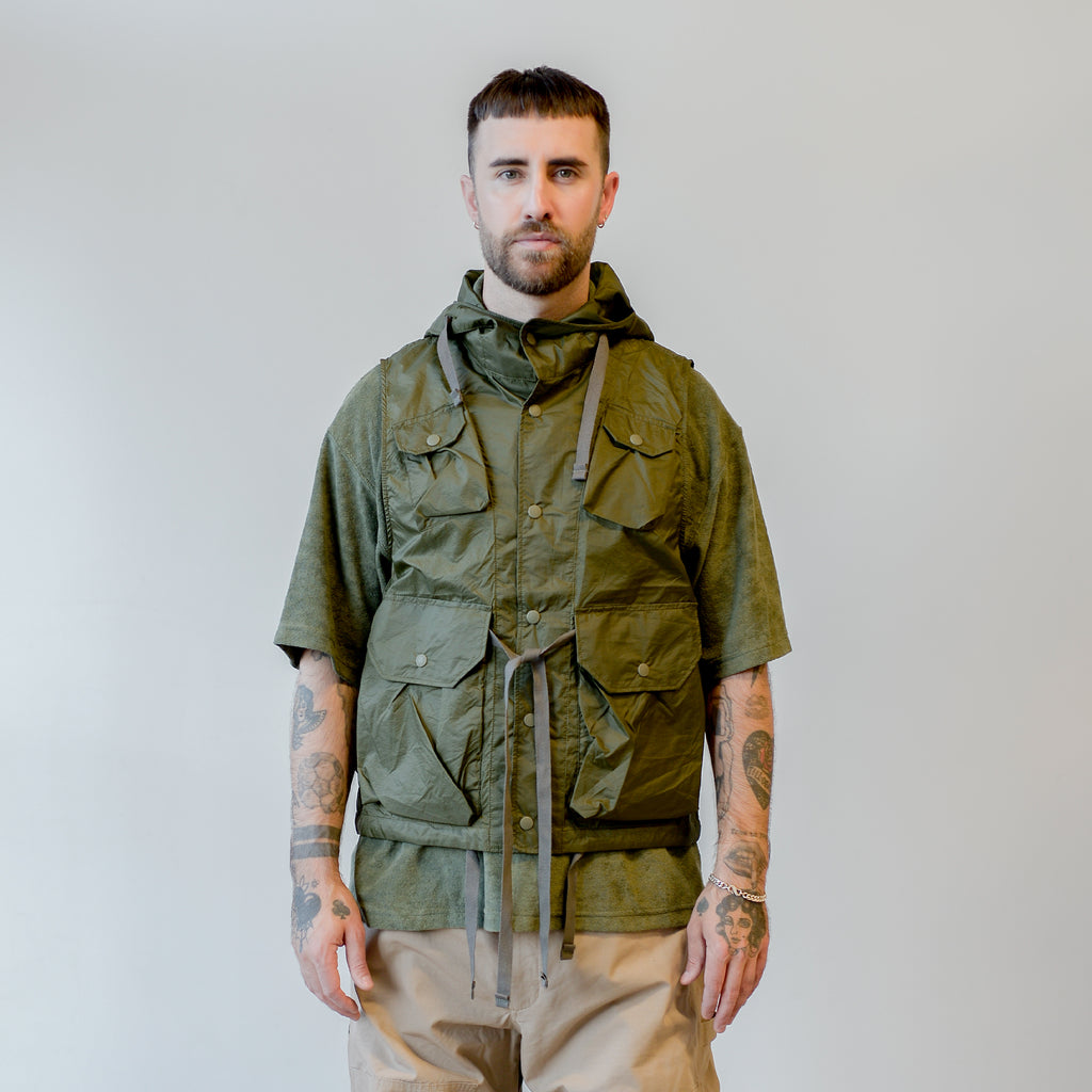 Engineered Garments Field Vest Olive Nylon Micro Ripstop model front