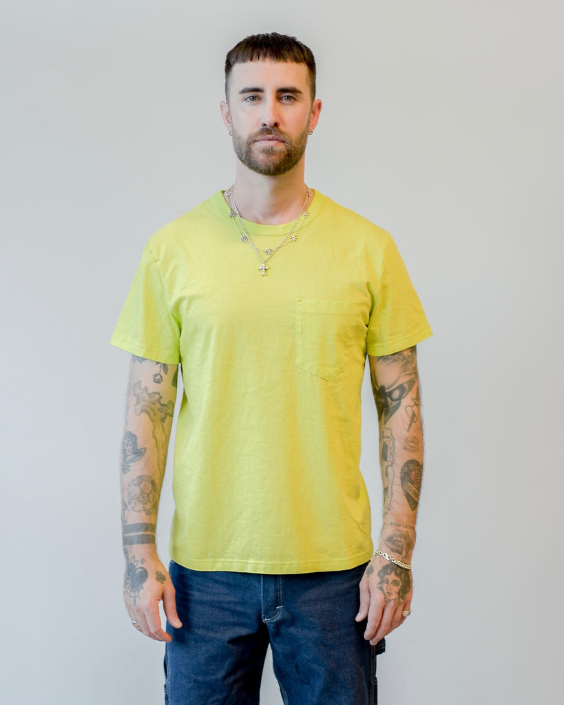 Homespun Knitwear Great Plains Tee Combed Cotton Jersey Acid Lime on model