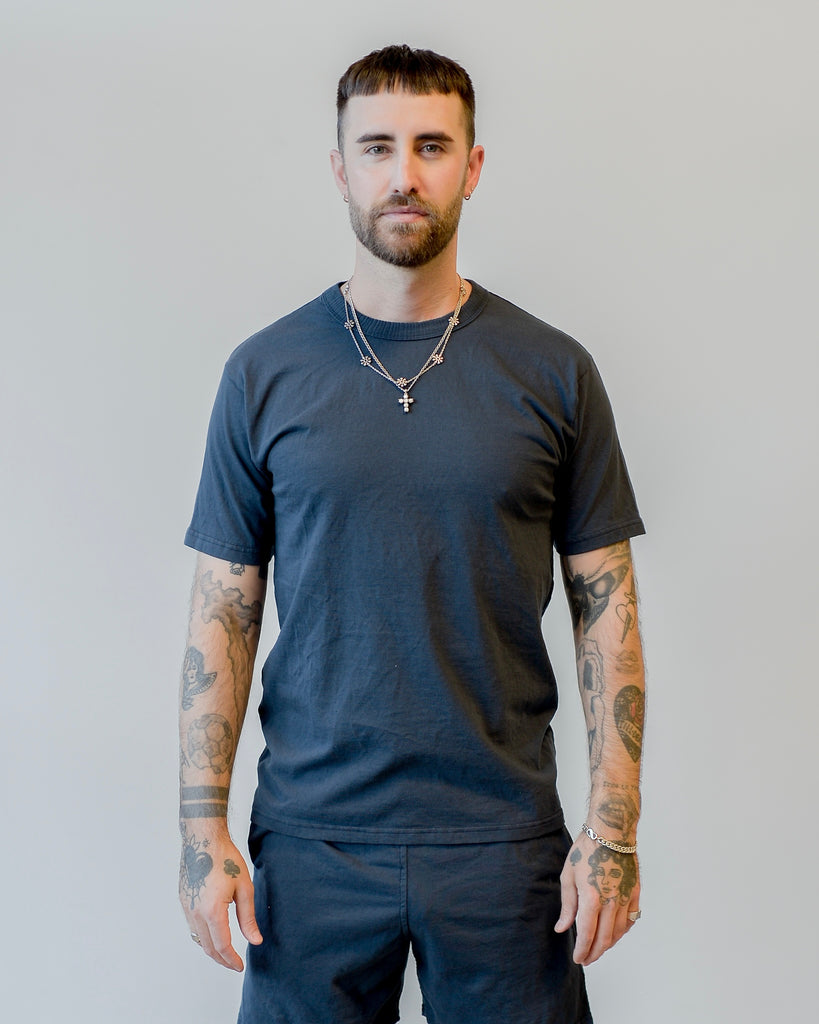 National Athletic Goods Track Tee Combed Cotton Jersey Navy on model