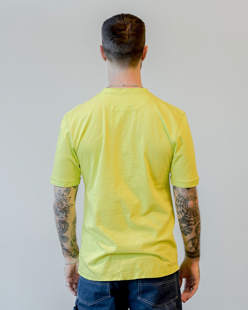 Homespun Knitwear Coalminer Henley Short Sleeve Combed Cotton Jersey Acid Lime on model back