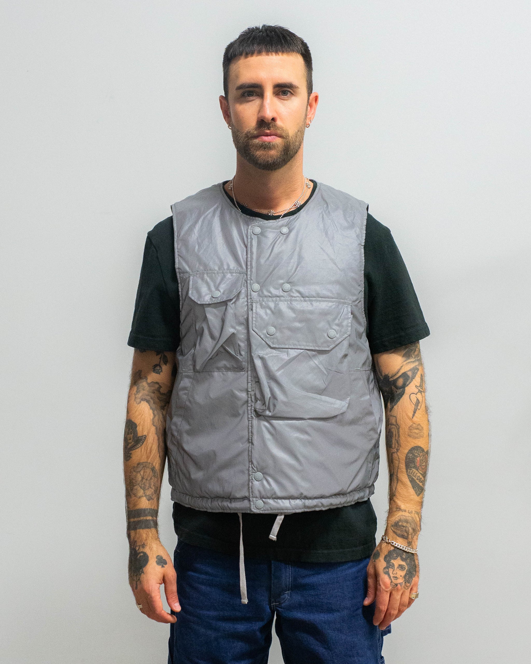 トップス Engineered Garments COVER VEST Engineered Garments Cover Vest Silver Poly Reflective Taffeta