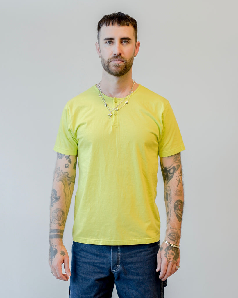 Homespun Knitwear Dad's Pocket Tee Combed Cotton Jersey Acid Lime on model