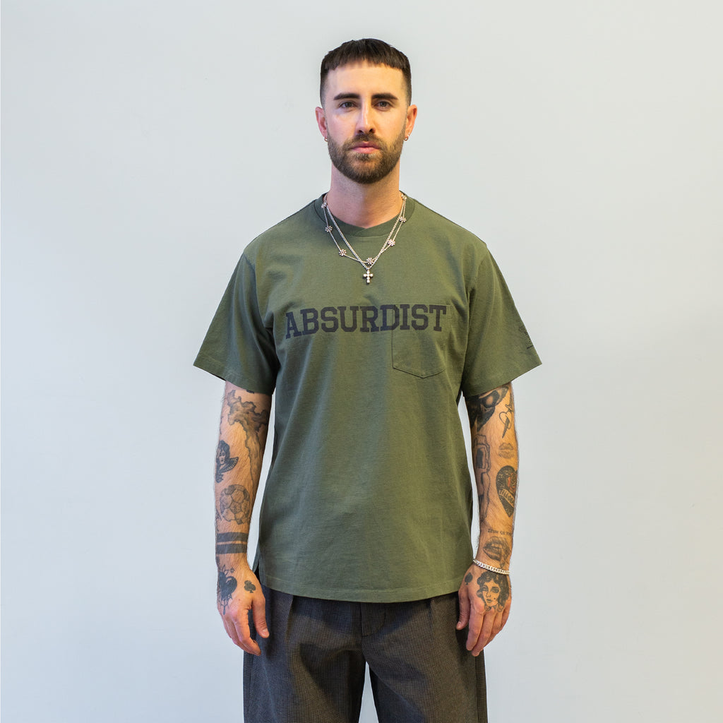 Engineered Garments Printed Cross Crew Neck Pocket T-Shirt Olive Absurdist model