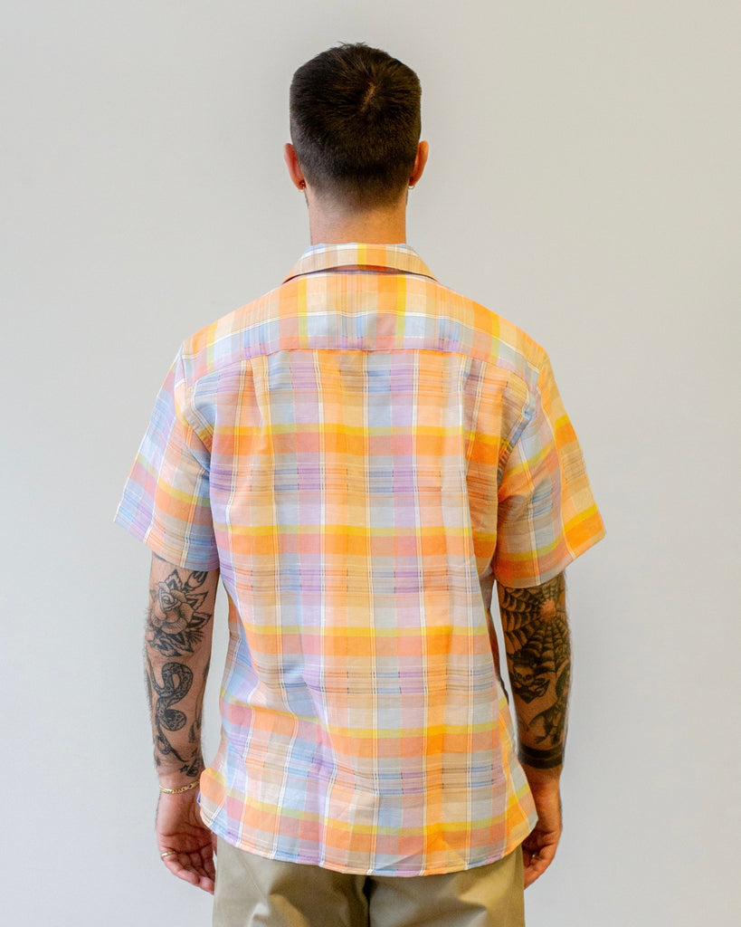 Gitman Vintage Orange Cotton/Linen Ghost Weave Camp Shirt on model back