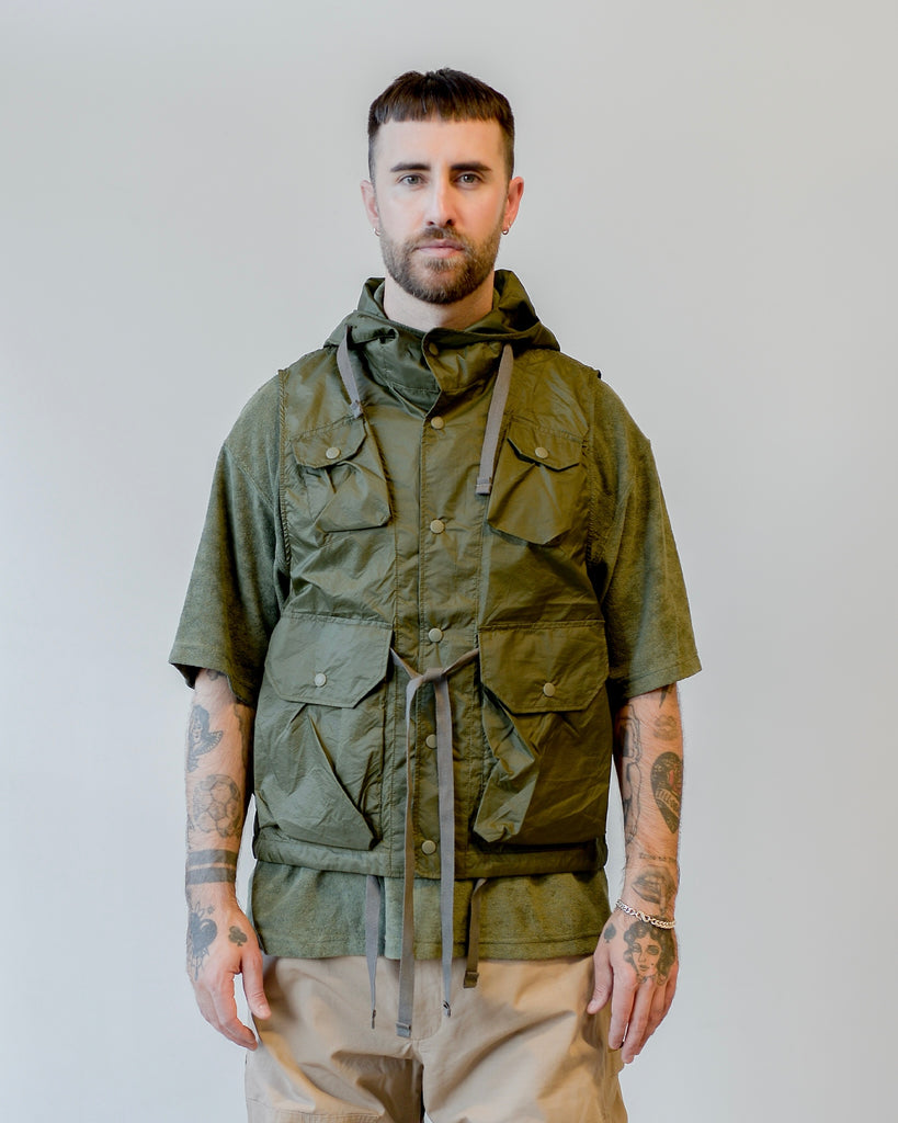 Engineered Garments Field Vest Olive Nylon Micro Ripstop on model