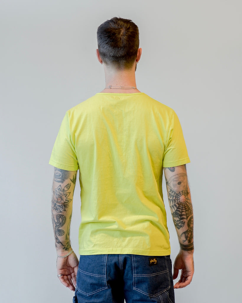 Homespun Knitwear Dad's Pocket Tee Combed Cotton Jersey Acid Lime on model back