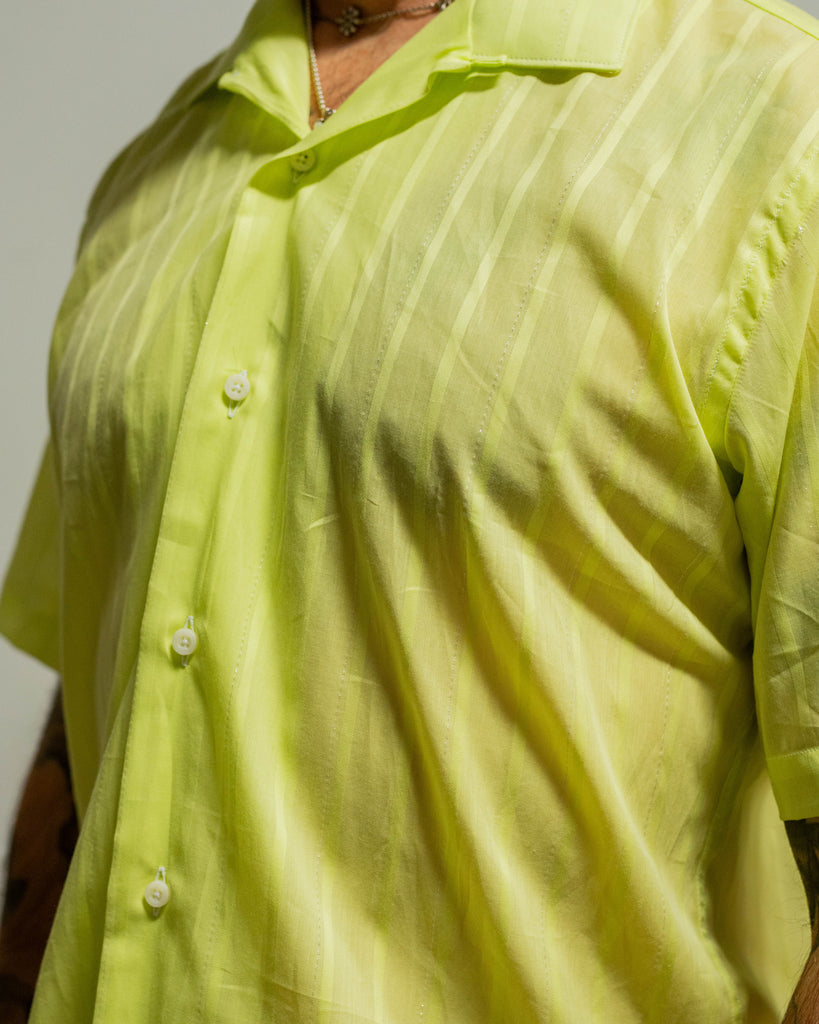 Gitman Vintage Yellow Metallic Stripe Voile Camp Shirt closeup\