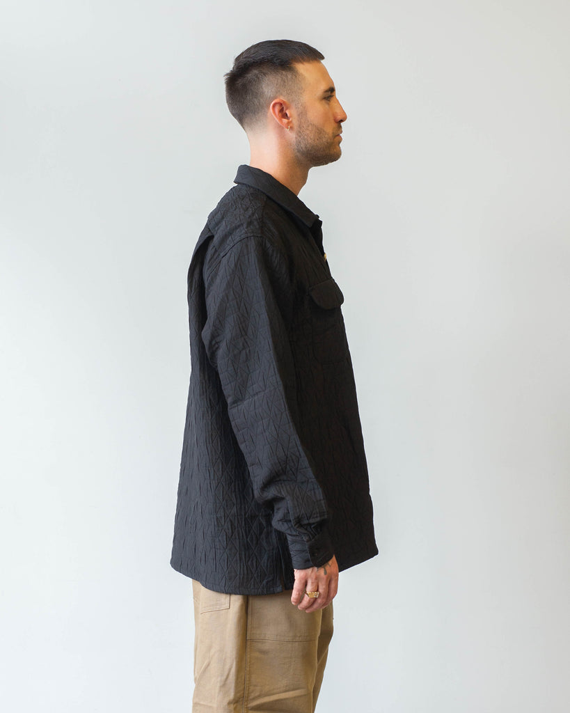 Engineered Garments Classic Shirt Black Polyester Geo Quilt on model side profile