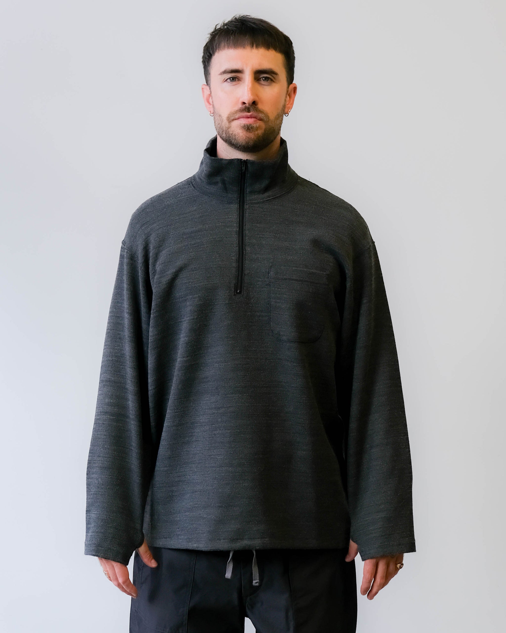 Engineered Garments Zip Mock Neck Charcoal Tri Blend Jersey Knit