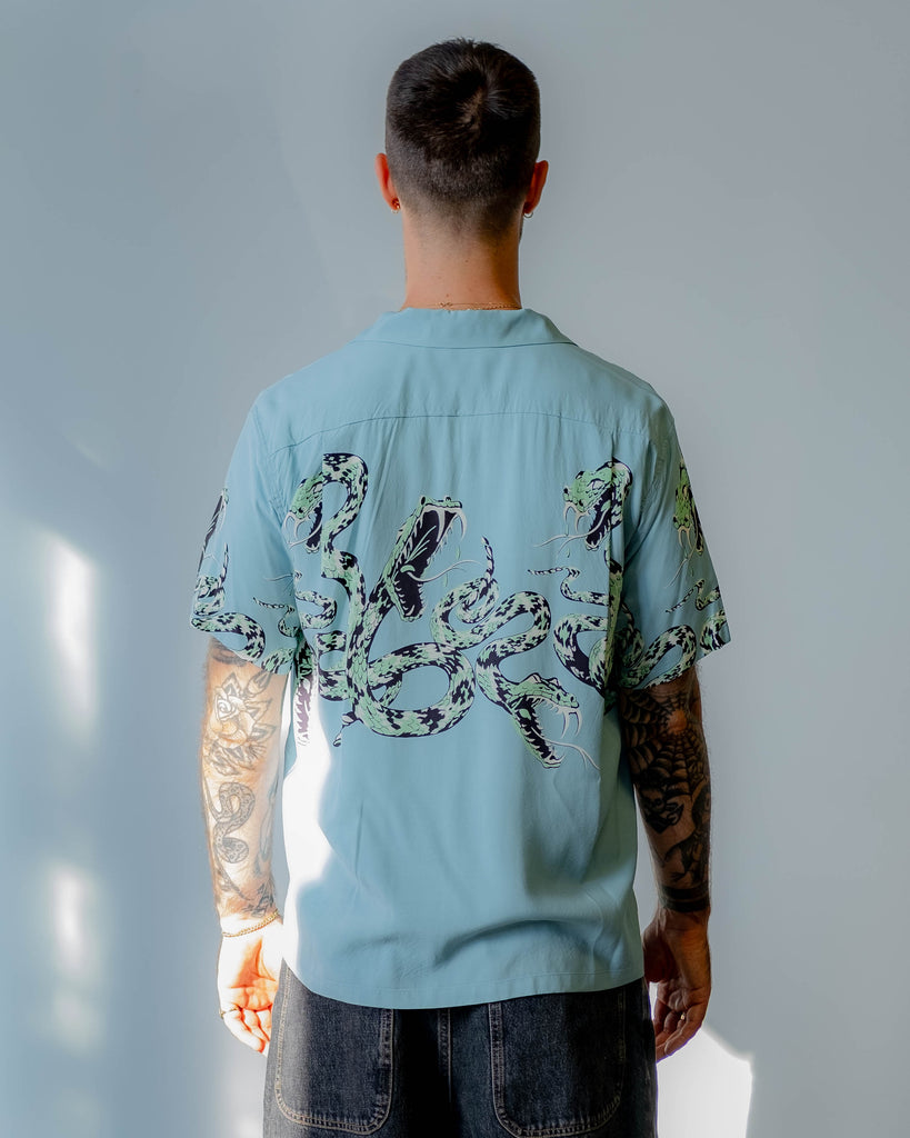 Star of Hollywood Rattle Snake High Density Rayon S/S Open Shirt Blue back