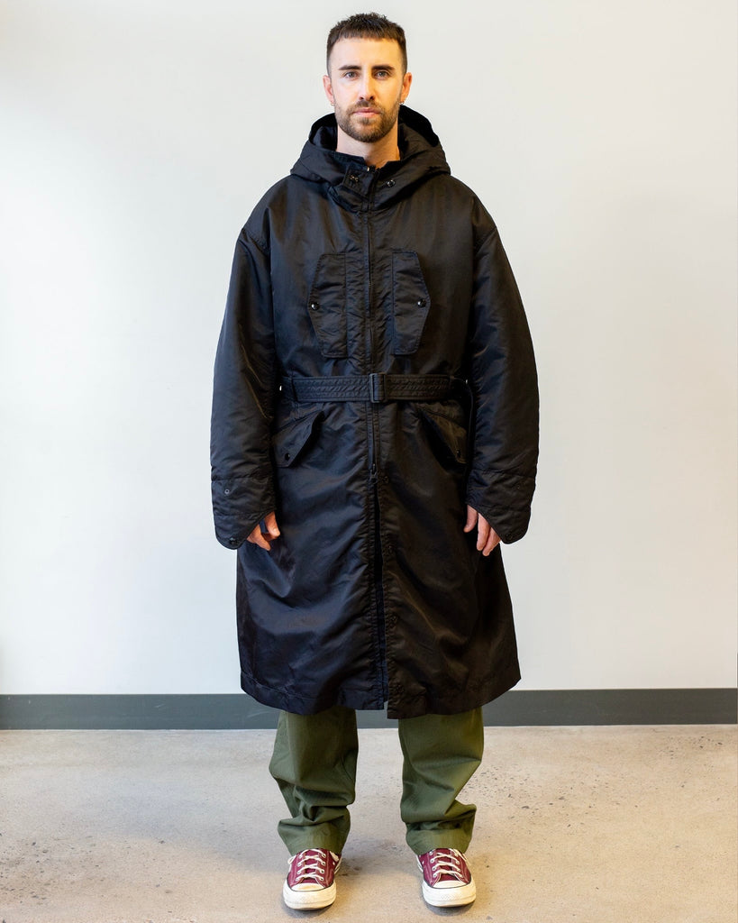 Engineered Garments Storm Coat Black Flight Satin Nylon on model