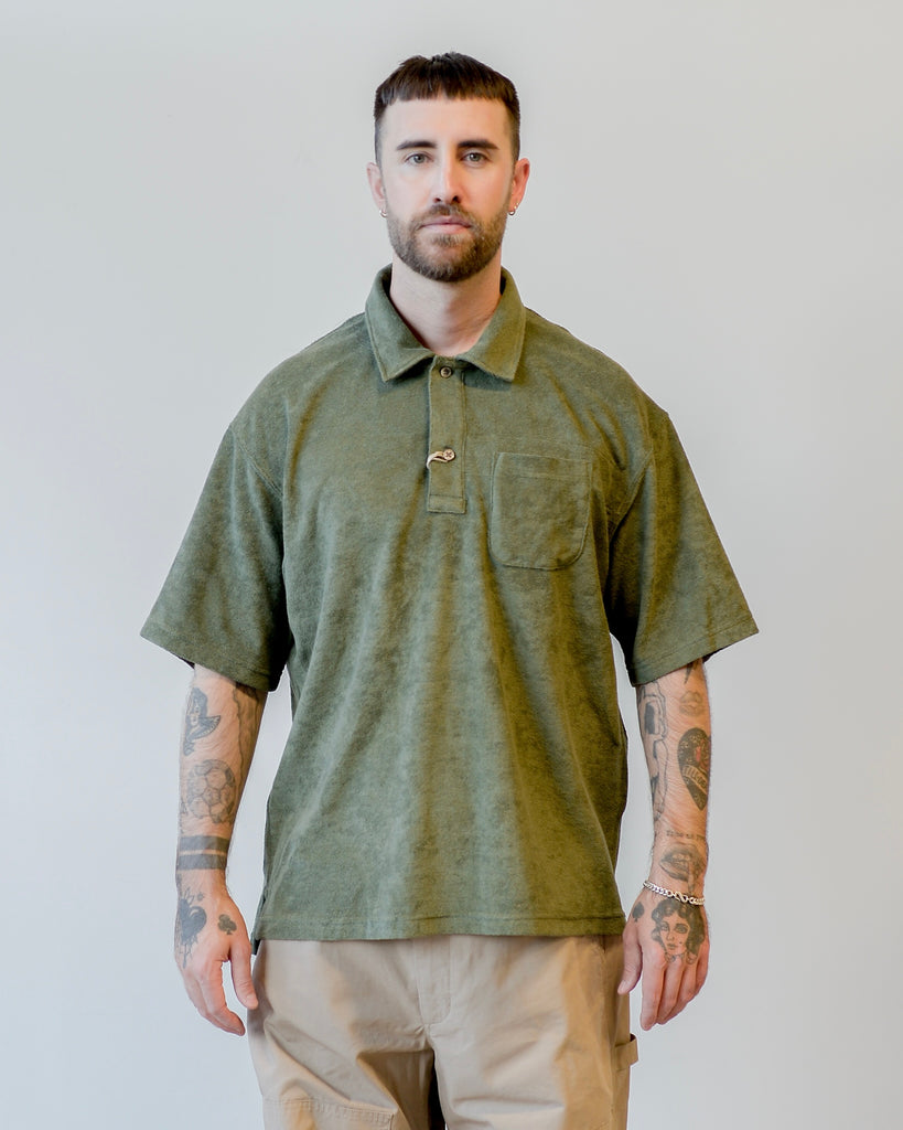 Engineered Garments Polo Shirt Olive CP Velour on model