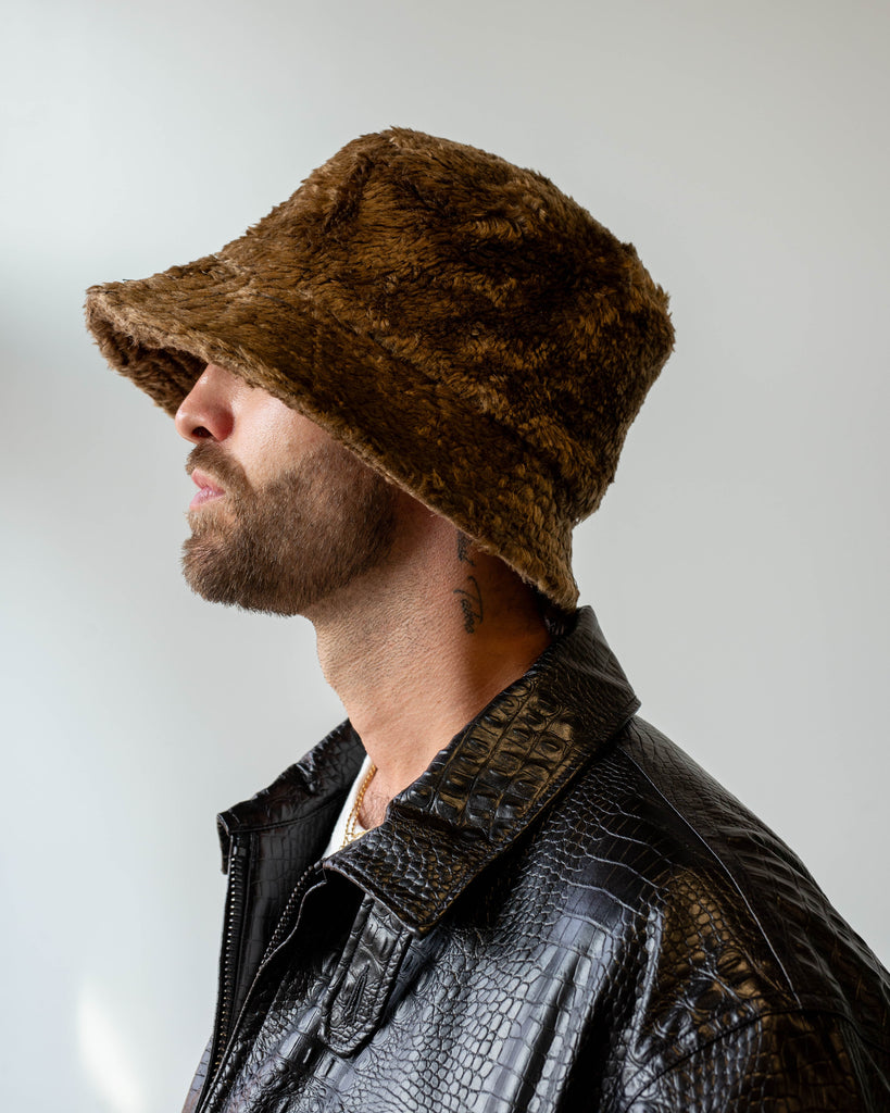 Engineered Garments Bucket Hat Brown Acrylic Curly Fur side angle