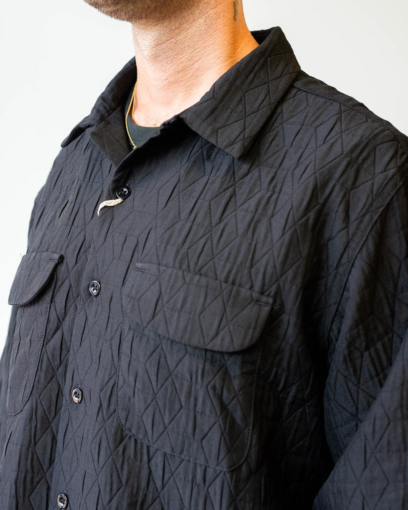 Engineered Garments Classic Shirt Black Polyester Geo Quilt on model closeup