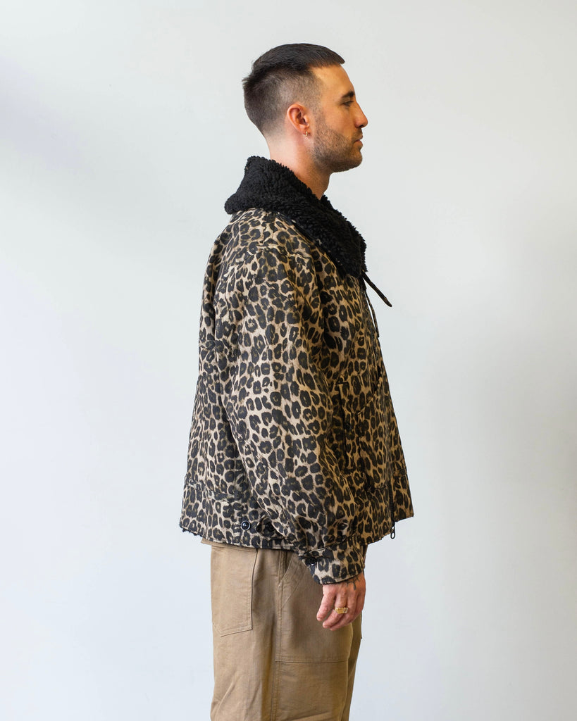 Engineered Garments B3 Jacket Brown Nyco Leopard Print on model side profile