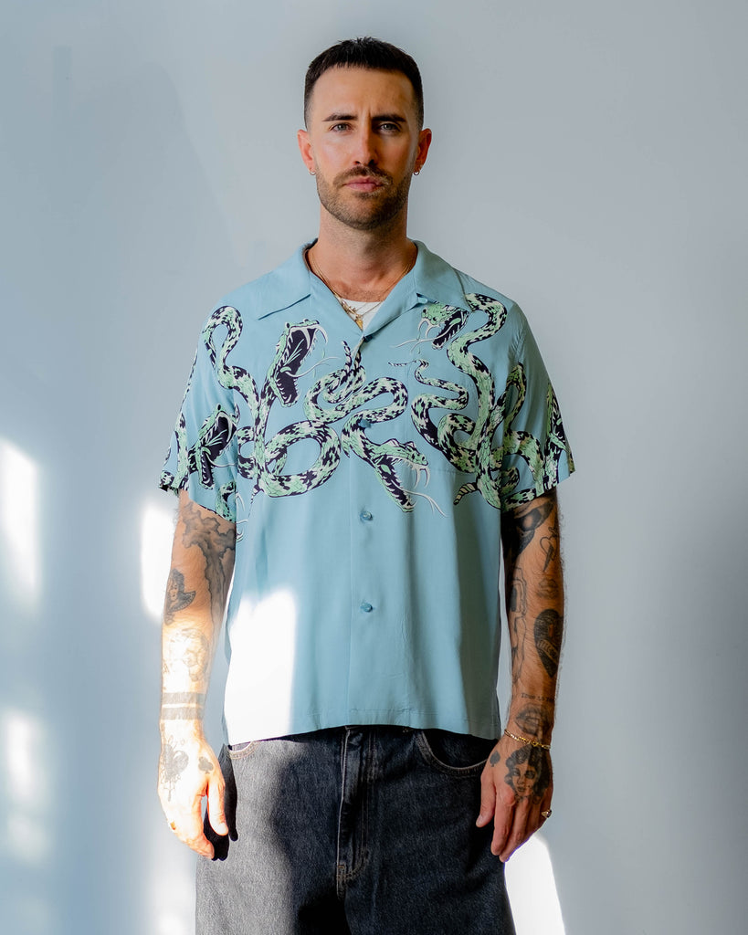 Star of Hollywood Rattle Snake High Density Rayon S/S Open Shirt Blue