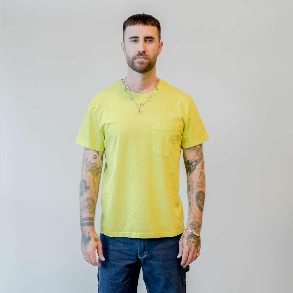 Homespun Knitwear Dad's Pocket Tee Combed Cotton Jersey Acid Lime model front