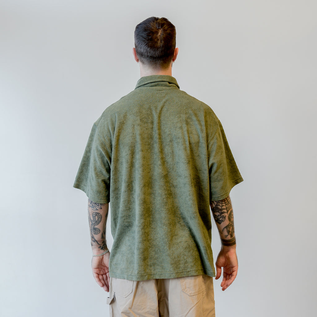 Engineered Garments Polo Shirt Olive CP Velour model back