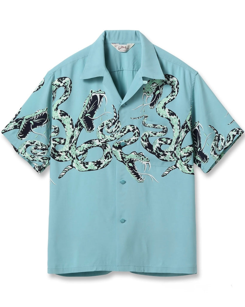 Star of Hollywood Rattle Snake High Density Rayon S/S Open Shirt Blue flat
