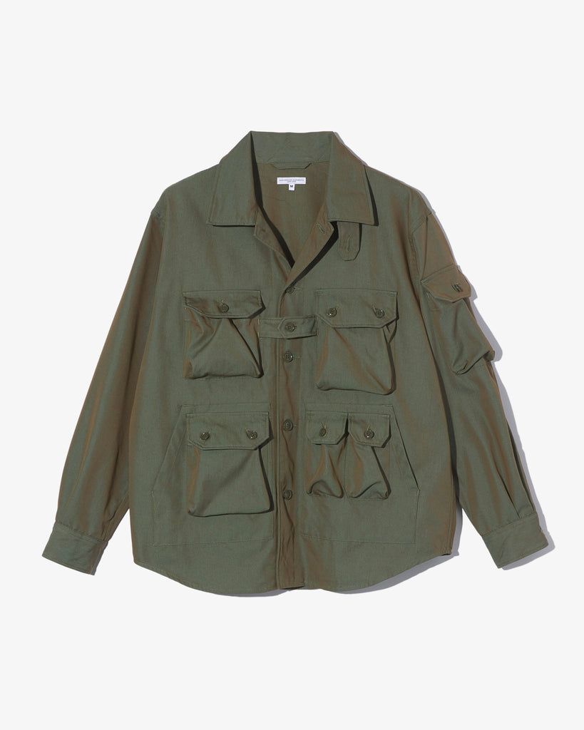 Engineered Garments Explorer Shirt Jacket Olive PC Iridescent Heavy Twill flat