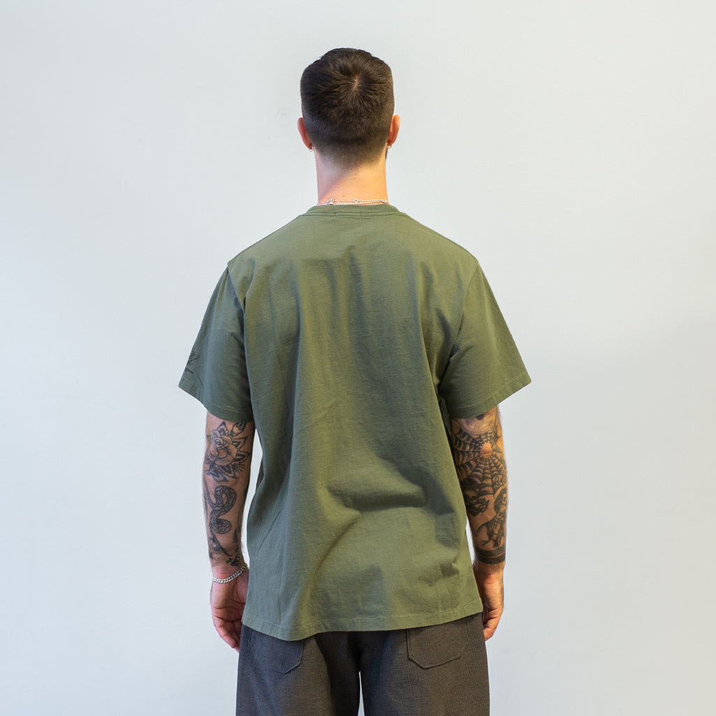 Engineered Garments Printed Cross Crew Neck Pocket T-Shirt Olive Absurdist model back