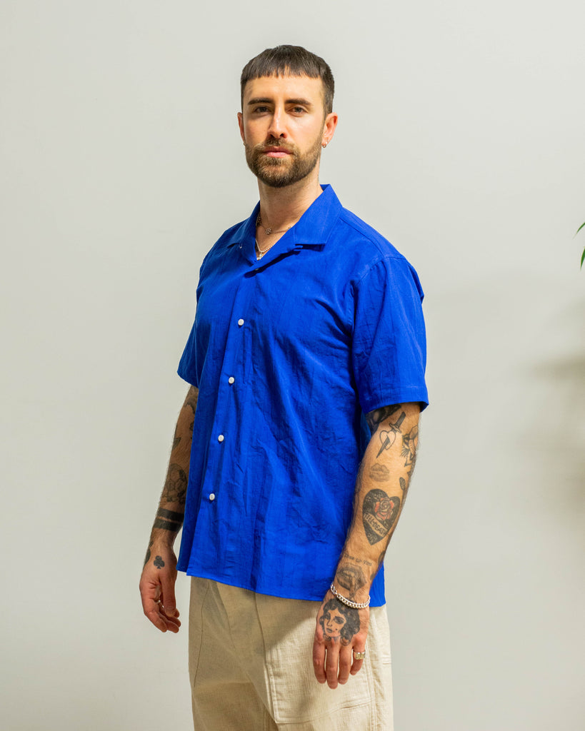 Gitman Vintage Cobalt Dobby Stripe Camp Shirt model