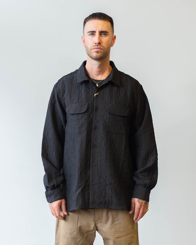 Engineered Garments Classic Shirt Black Polyester Geo Quilt on model