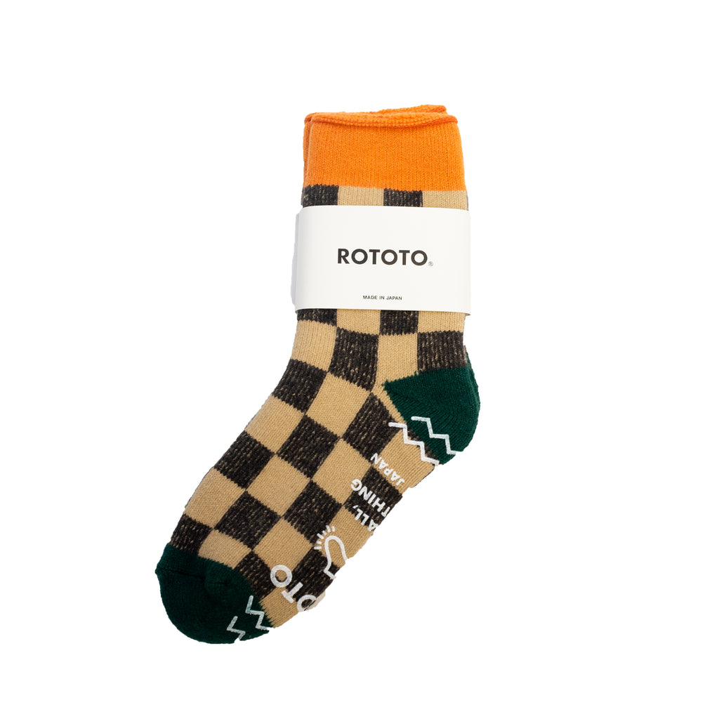 RoToTo Pile Room Socks Checkerboard L.Orange/D.Green
