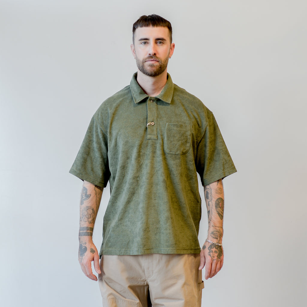 Engineered Garments Polo Shirt Olive CP Velour model front
