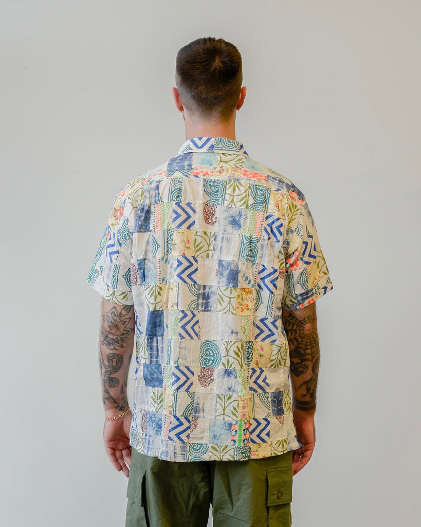 Engineered Garments Camp Shirt White/Blue Ethno Print Patchwork on model back