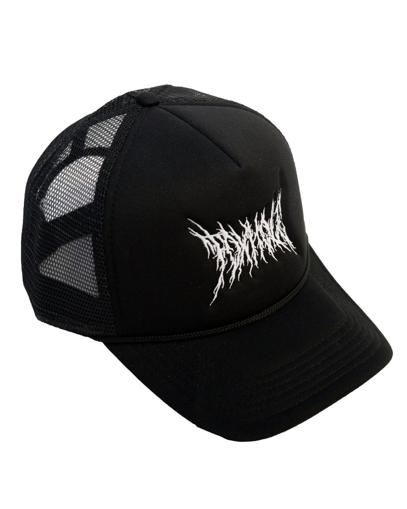 Black trucker hat with metal logo