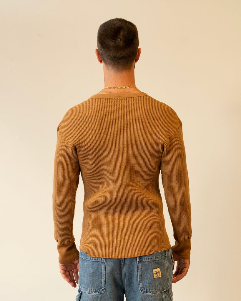 Homespun Knitwear Crew Thermal Bulky Waffle Bronze on model back