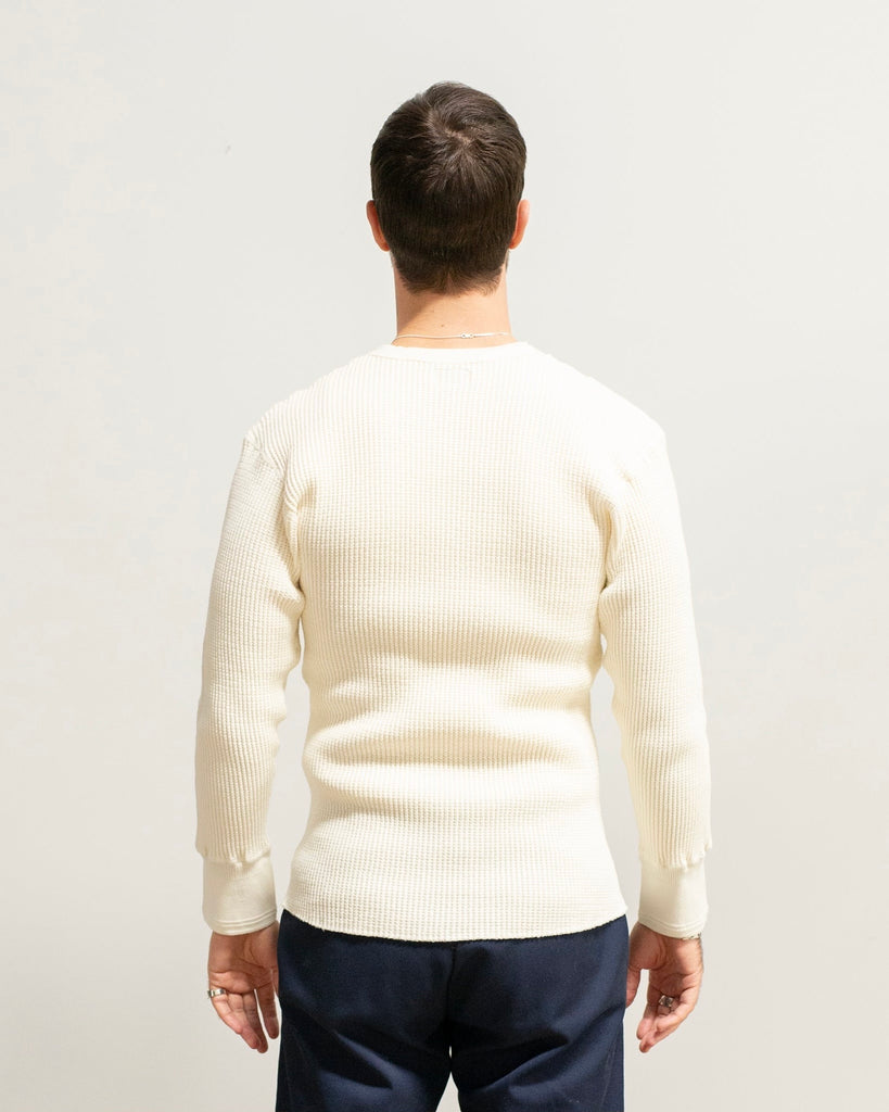 Homespun Knitwear Crew Thermal Bulky Waffle Antler White on model