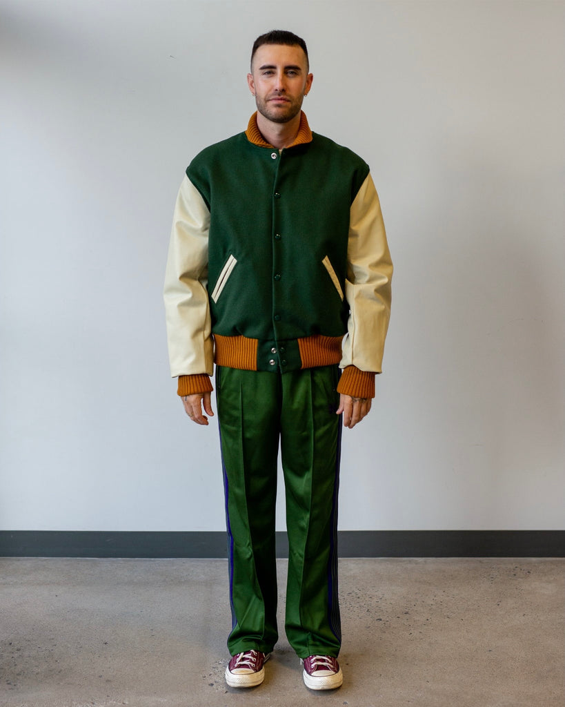 Engineered Garments Varsity Jacket Olive Wool Melton on model