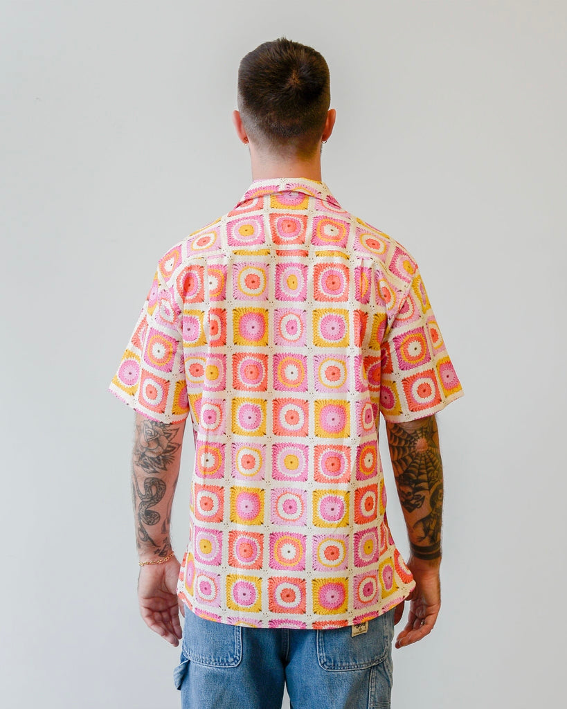 Gitman Vintage Pink Sunflower Crochet Camp Shirt on model back