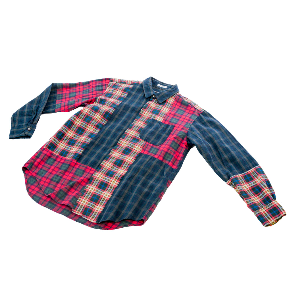 Engineered Garments Combo Short Collar Shirt Navy/Grey Cotton Flannel Plaid