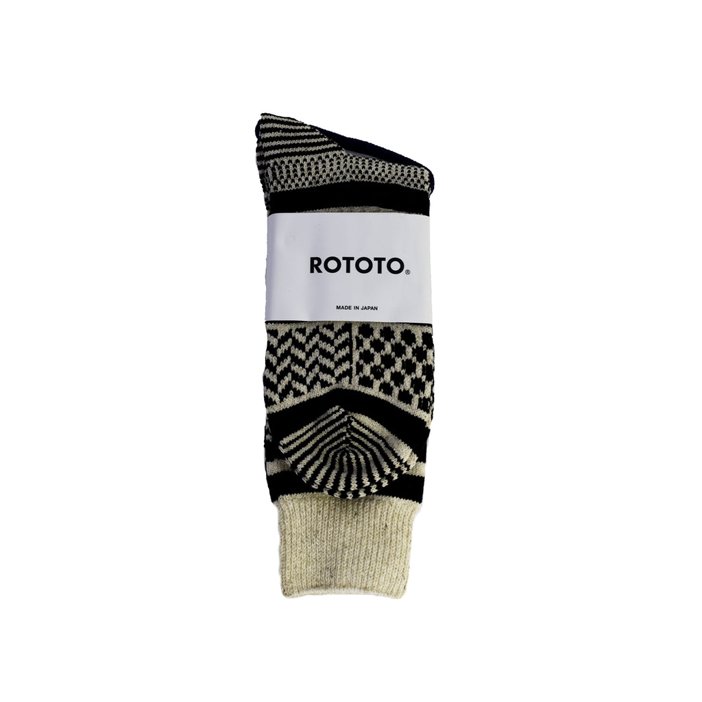 RoToTo Multi Jacquard Crew Socks Ivory/Black