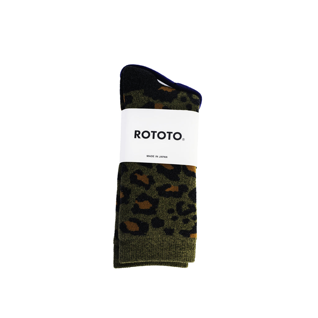RoToTo Pile Leopard Crew Socks Dark Olive